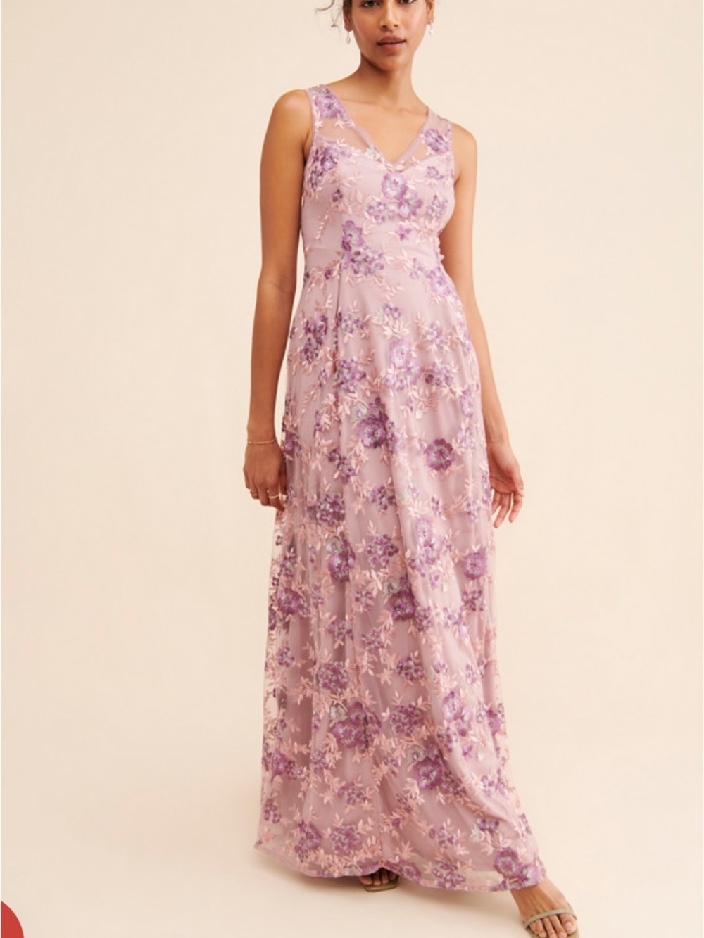 Adrianna Papell Lilac Floral Embroidered V-Neck Gown